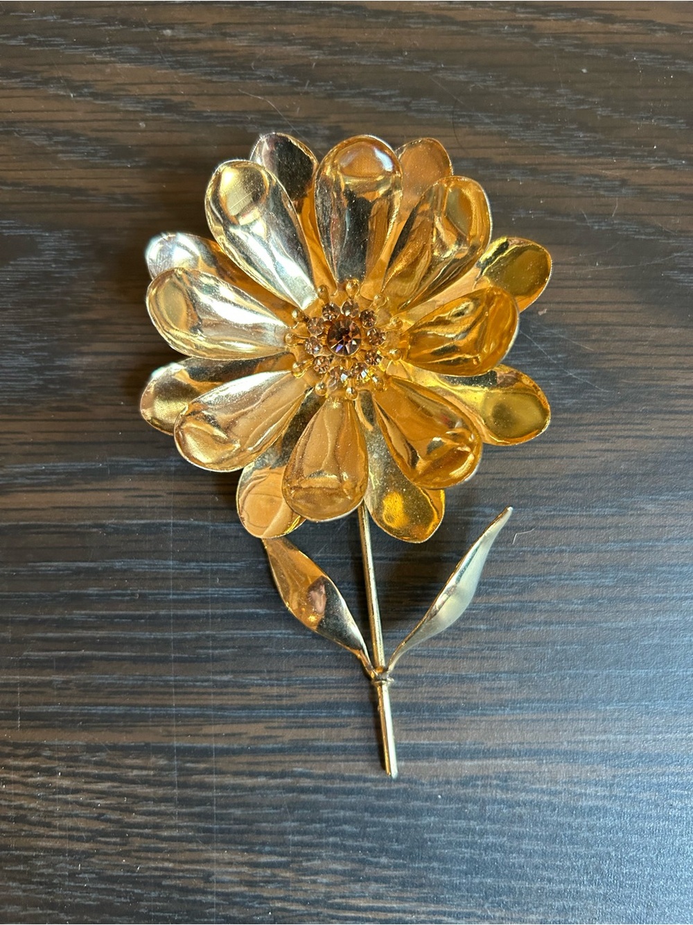 Gold Flower Brooch with Crystal Center 5” long